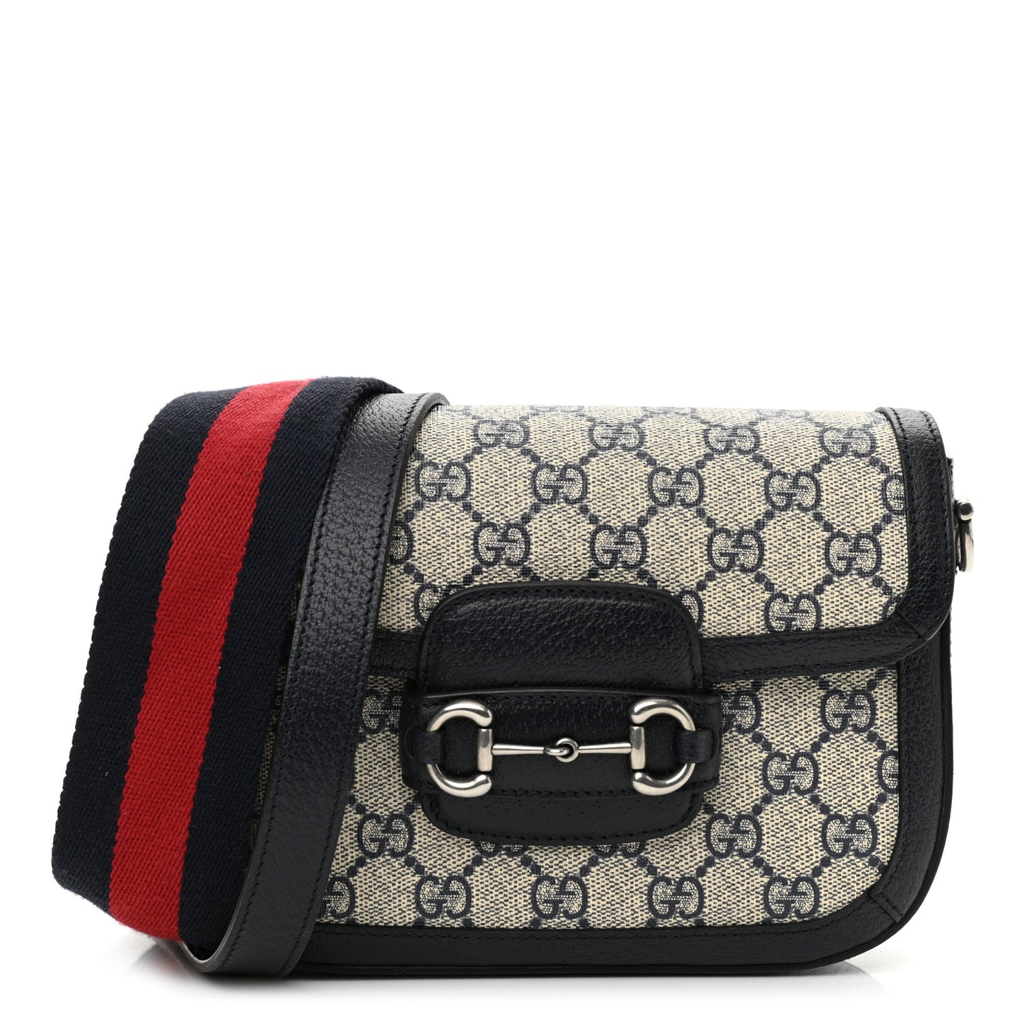 GG Supreme Monogram Textured Dollar Calfskin Web Mini Horsebit 1955 Shoulder Bag Beige Blue