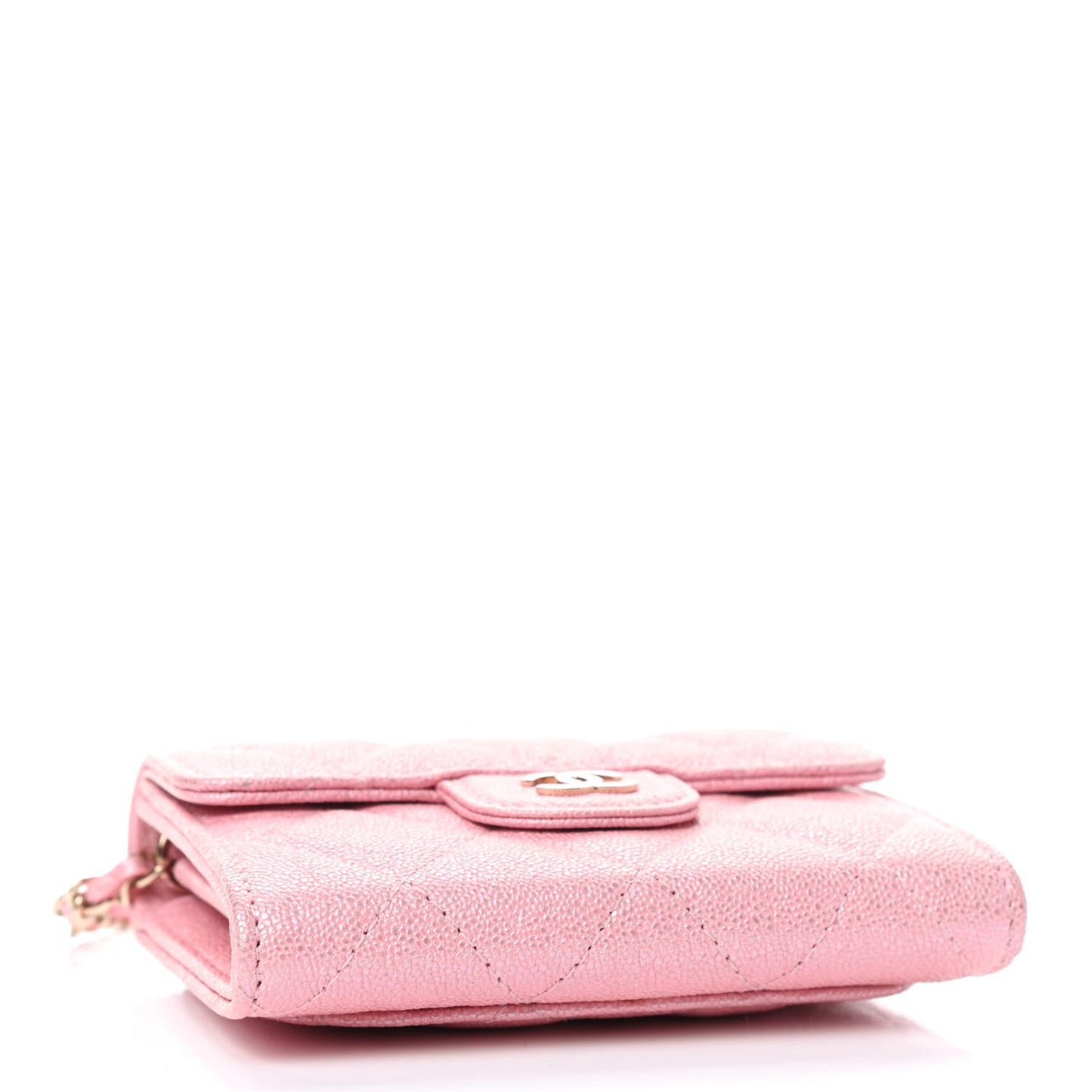Iridescent Caviar Quilted Flap Card Holder On Chain Pink