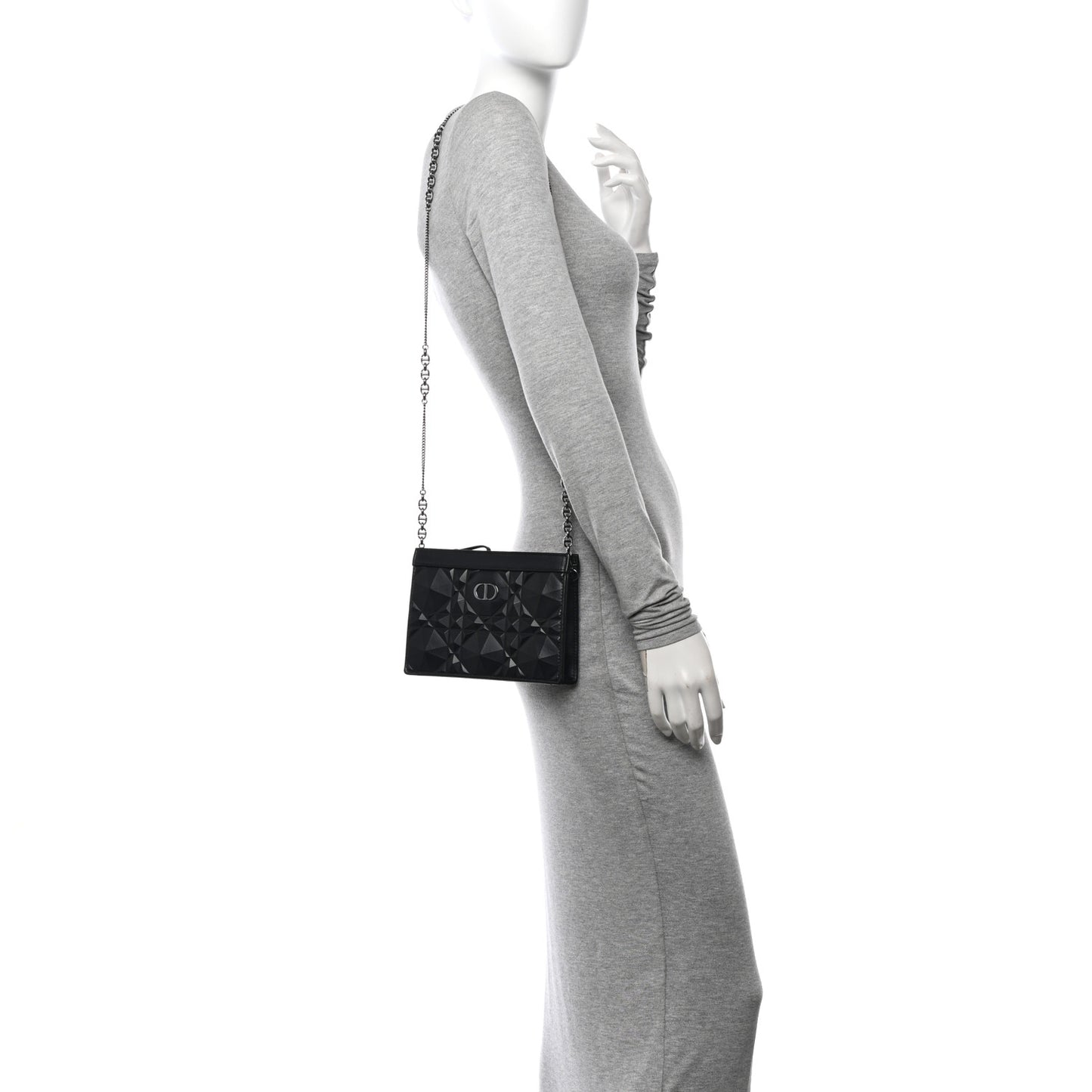 Calfskin Macrocannage Diamond Caro Zipped Pouch With Chain Black
