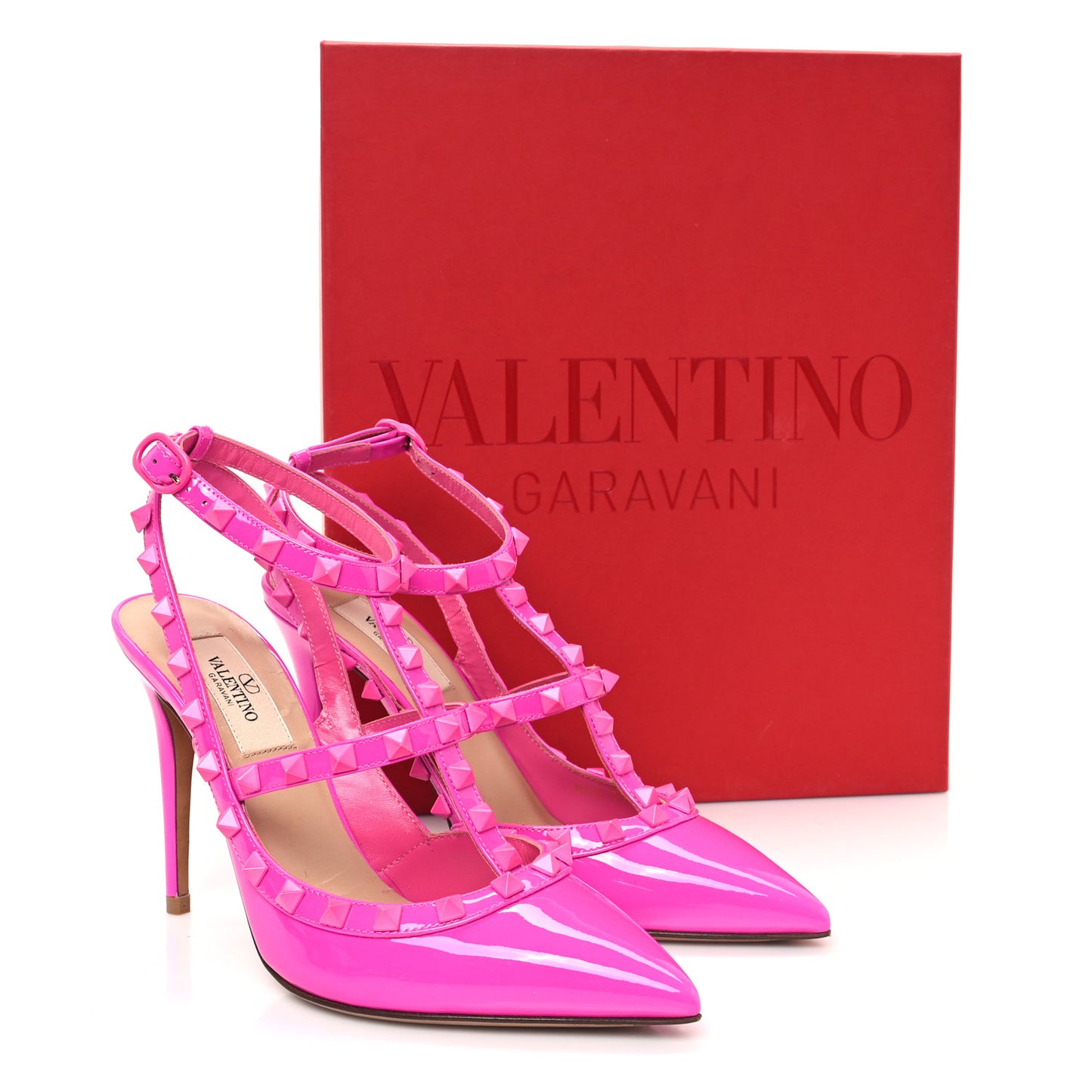 Patent Lacquer Monochrome Rockstud Ankle Strap 100mm Pumps 37.5 Pink PP