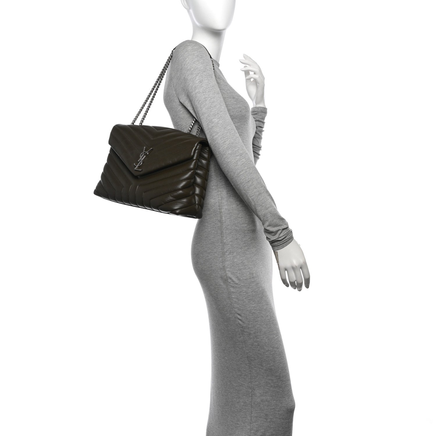 Saint Laurent Calfskin Y Quilted Monogram Medium Loulou Chain Satchel Kaki Fonce 2 of 11