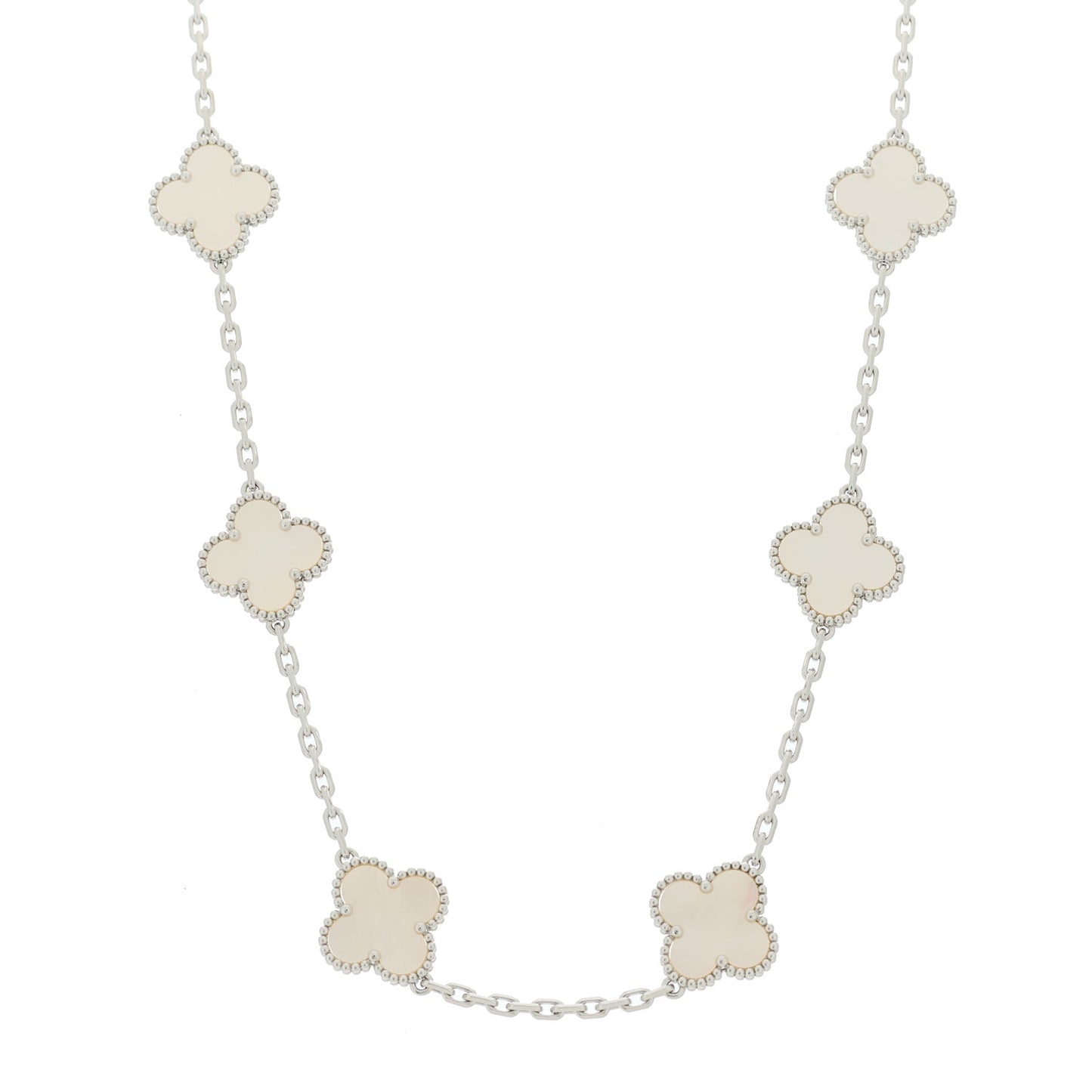 18K White Gold Mother of Pearl 10 Motifs Vintage Alhambra Necklace