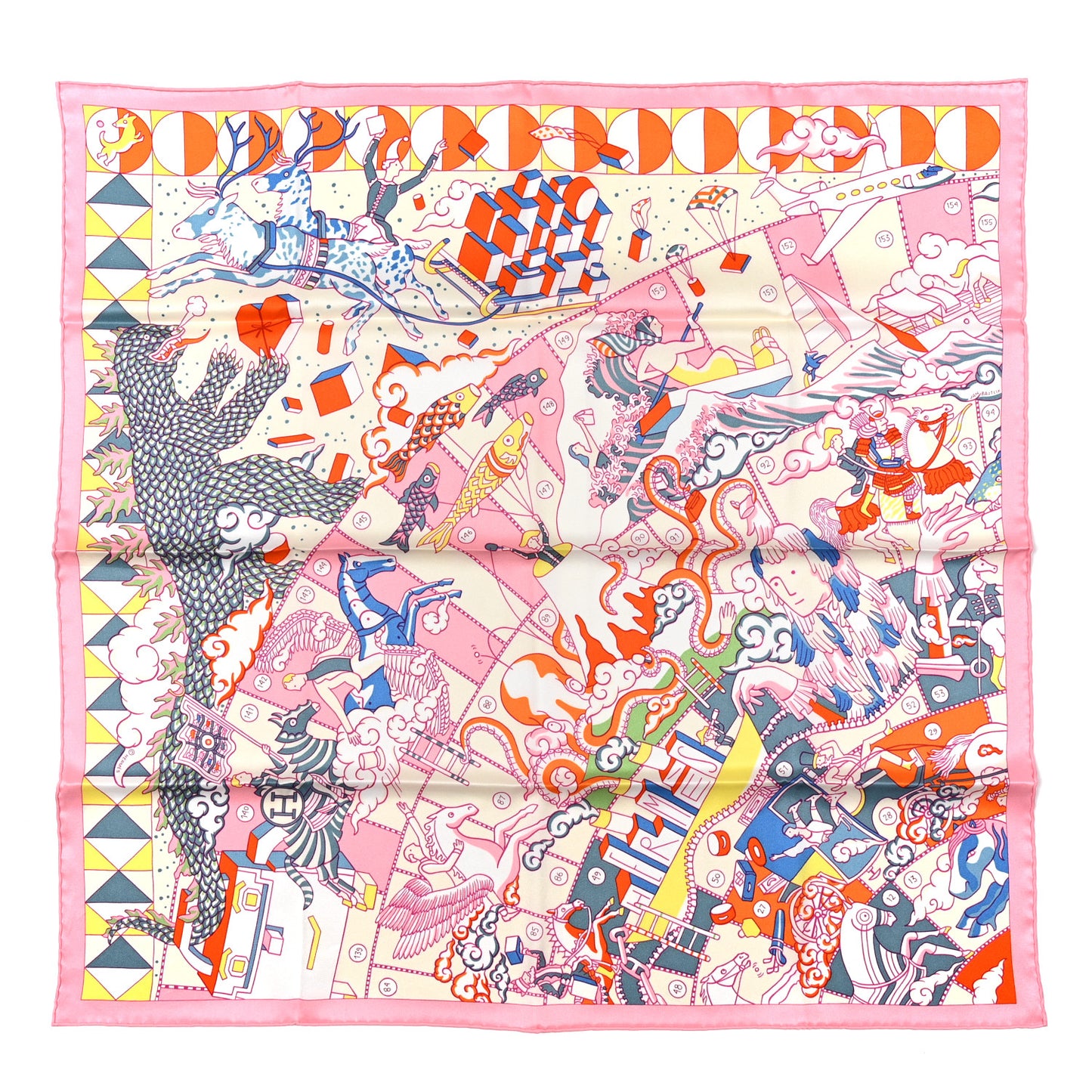 Silk L'Epopee D' Hermes Detail Scarf 70 Rose Buvard Orange Bleu