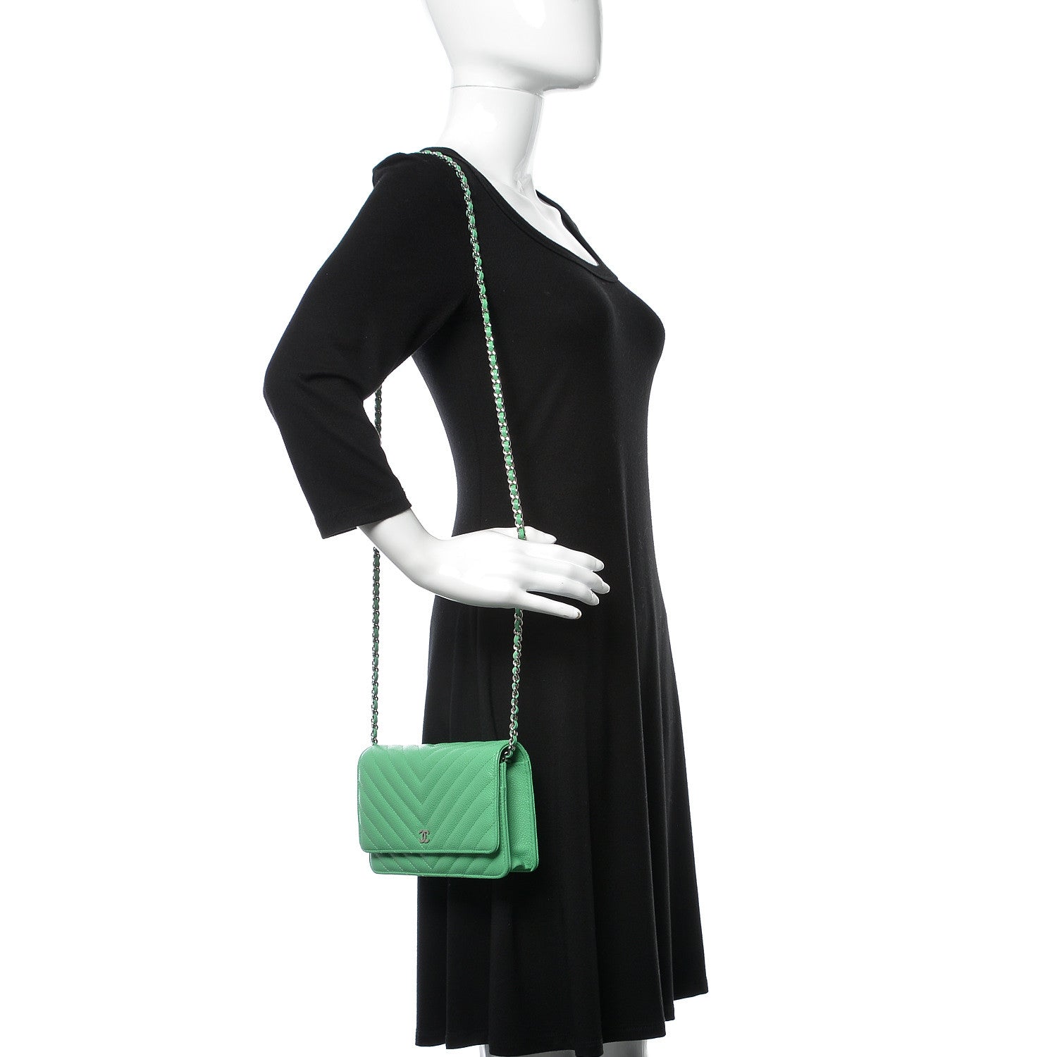 Chanel Caviar Chevron Quilted Wallet On Chain WOC Green 2 of 11