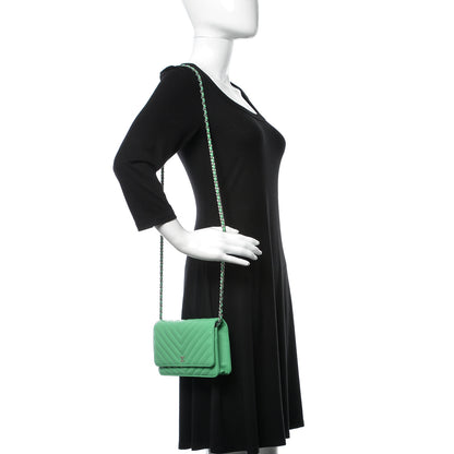 Chanel Caviar Chevron Quilted Wallet On Chain WOC Green 2 of 11