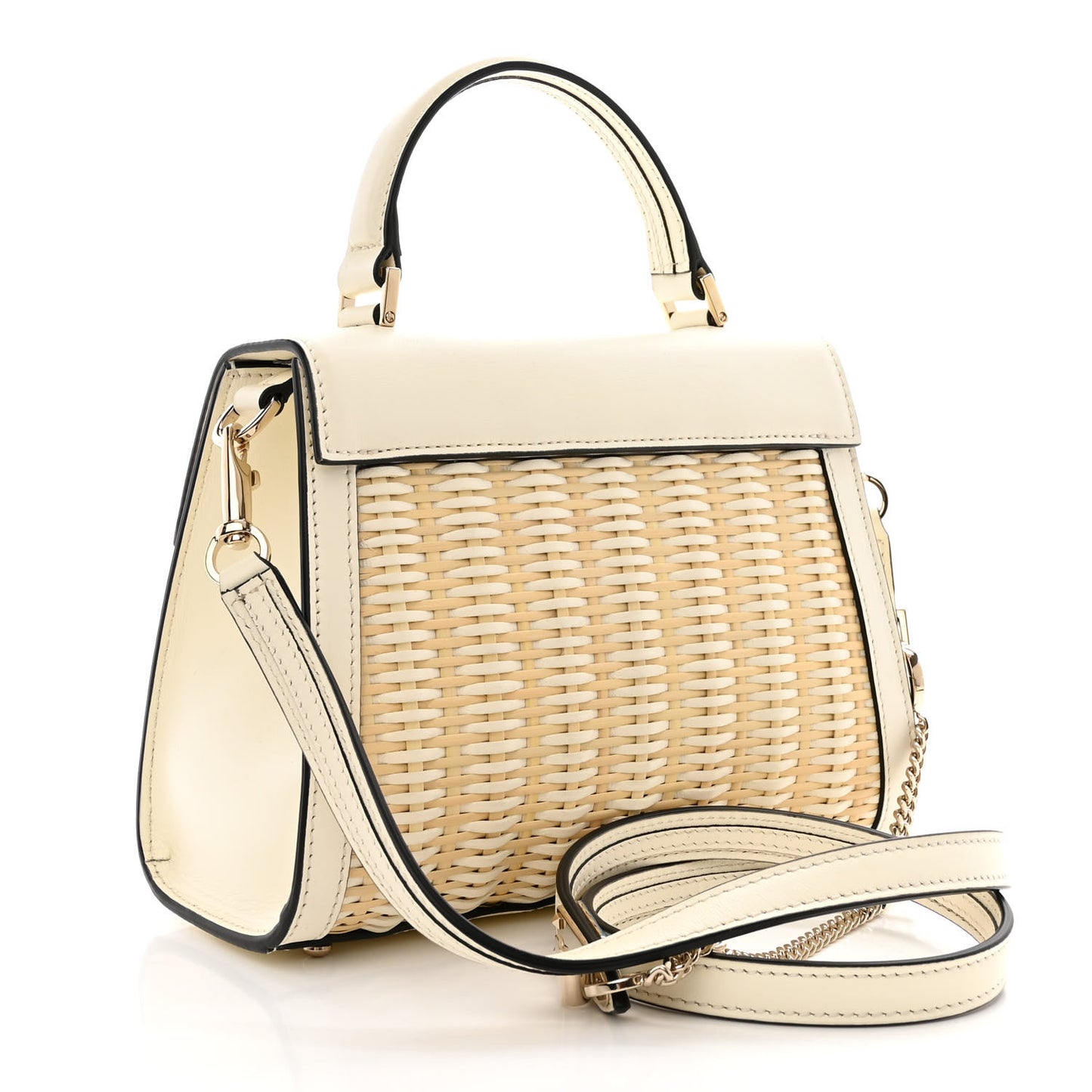 Wicker Calfskin Small VSling Top Handle Bag Natural White