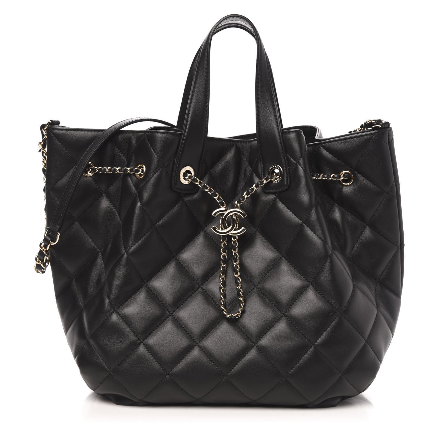 Lambskin Quilted CC Dweller Drawstring Tote Black