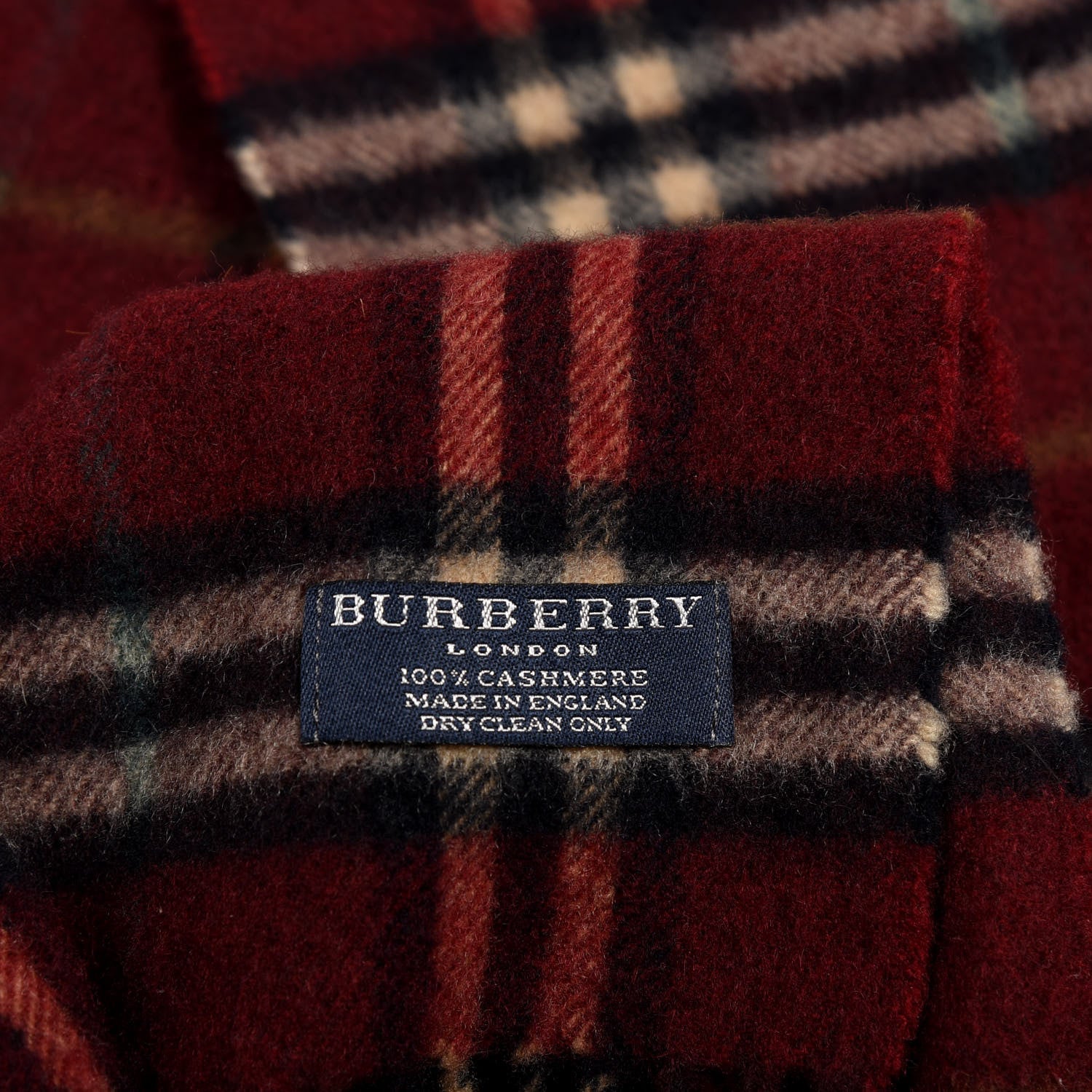 Burberry Cashmere Vintage Check Fringe Scarf Claret 3 of 3