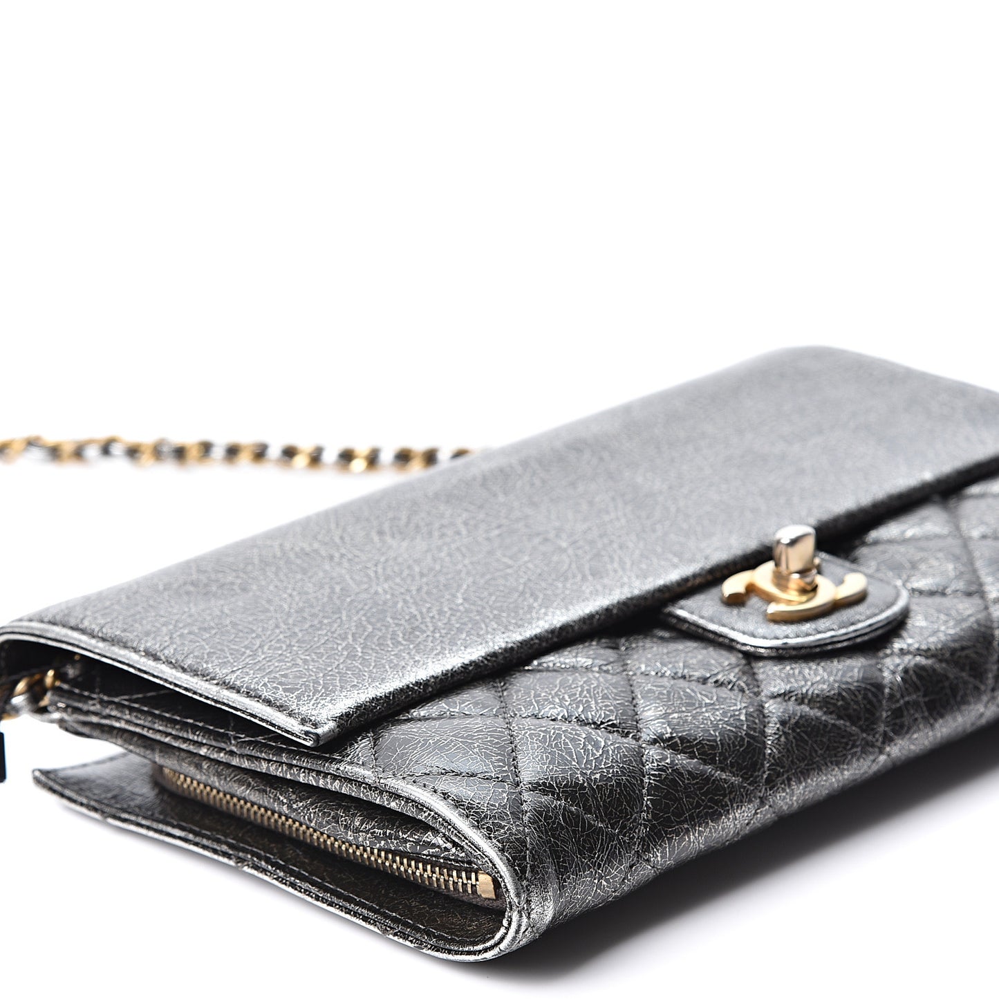 Cracked Metallic Calfskin Quilted Zip Away Chain Clutch Dark Silver