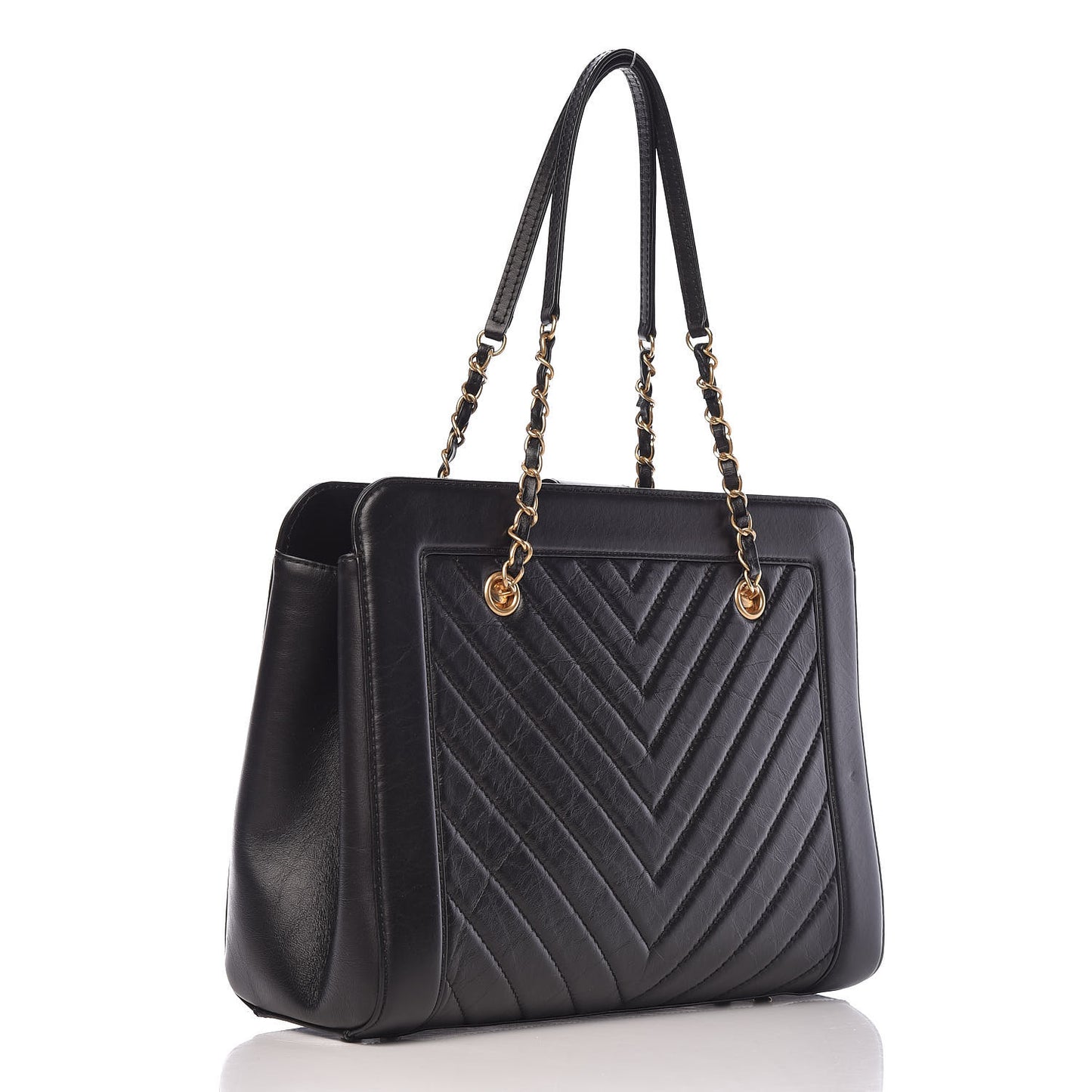 Aged Calfskin Chevron Quilted Large Shopping Tote Black