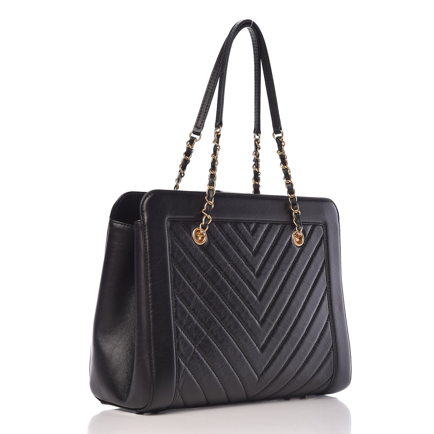 Chanel Aged Calfskin Chevron Quilted Large Shopping Tote Black 3 of 12