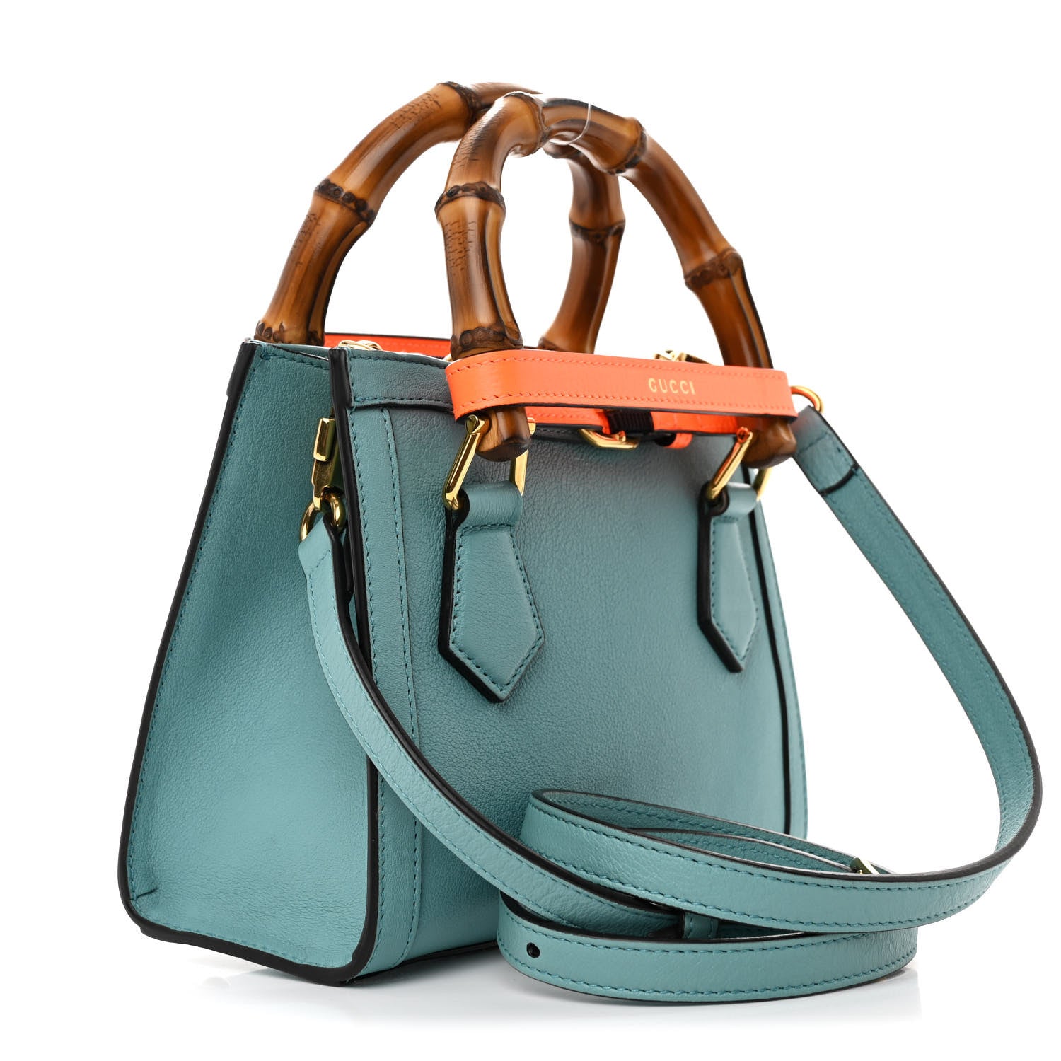 Gucci Textured Dollar Calfskin Web Mini Diana Tote Bag Dusty Azure Deep Orange 3 of 11