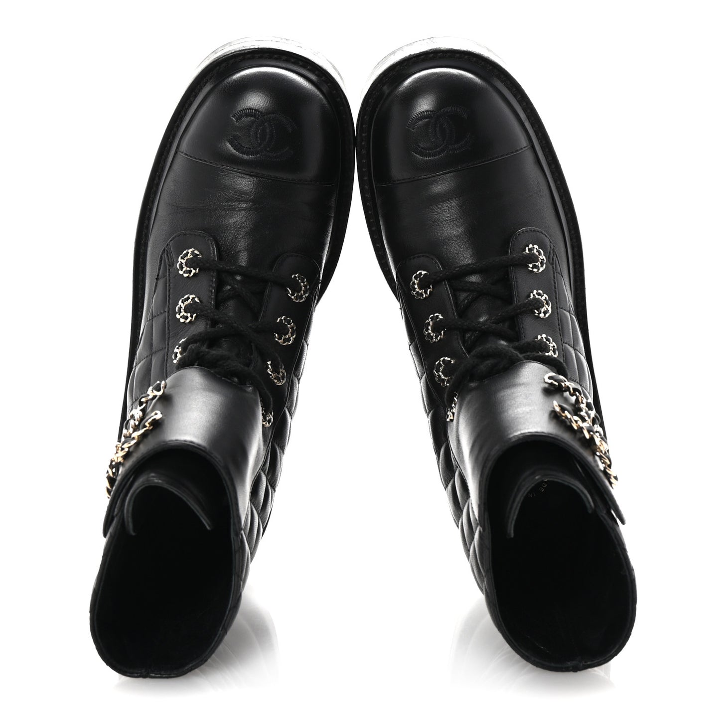 Shiny Lambskin Quilted Lace Up Combat Boots 37 Black