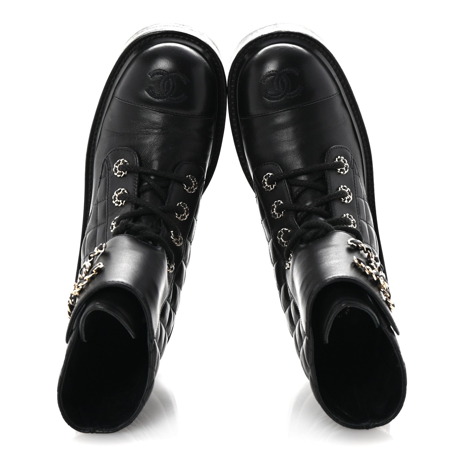 Chanel Shiny Lambskin Quilted Lace Up Combat Boots 37 Black 2 of 10