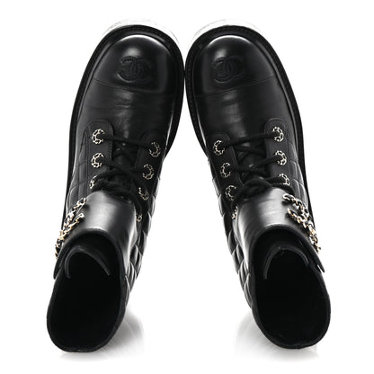 Chanel Shiny Lambskin Quilted Lace Up Combat Boots 37 Black 2 of 10