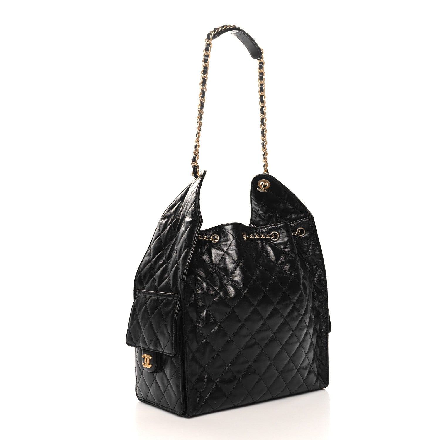 Chanel Shiny Crumpled Calfskin Quilted Medium Chanel 25 Handbag Black 3 of 12