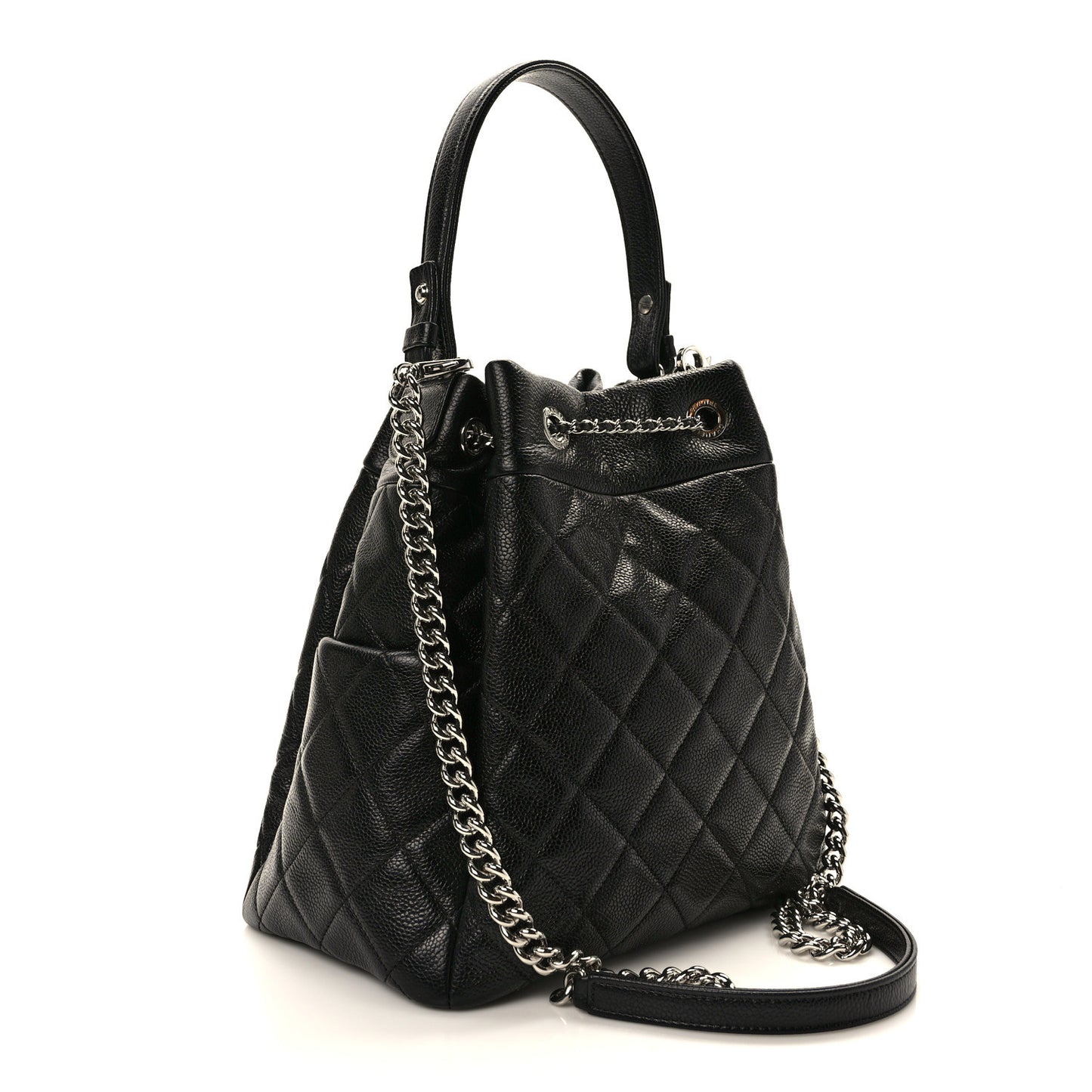 Caviar Flat Quilted CC Chain Bucket Drawstring Bag Black