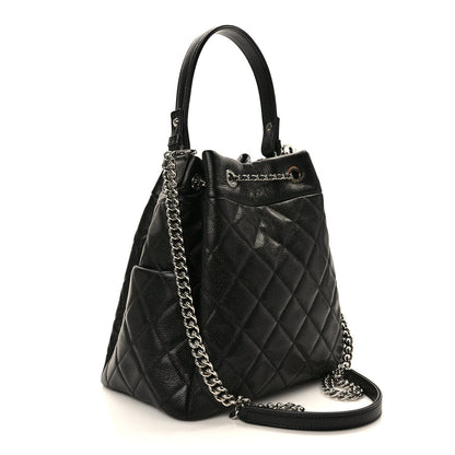Chanel Caviar Flat Quilted CC Chain Bucket Drawstring Bag Black 3 of 10