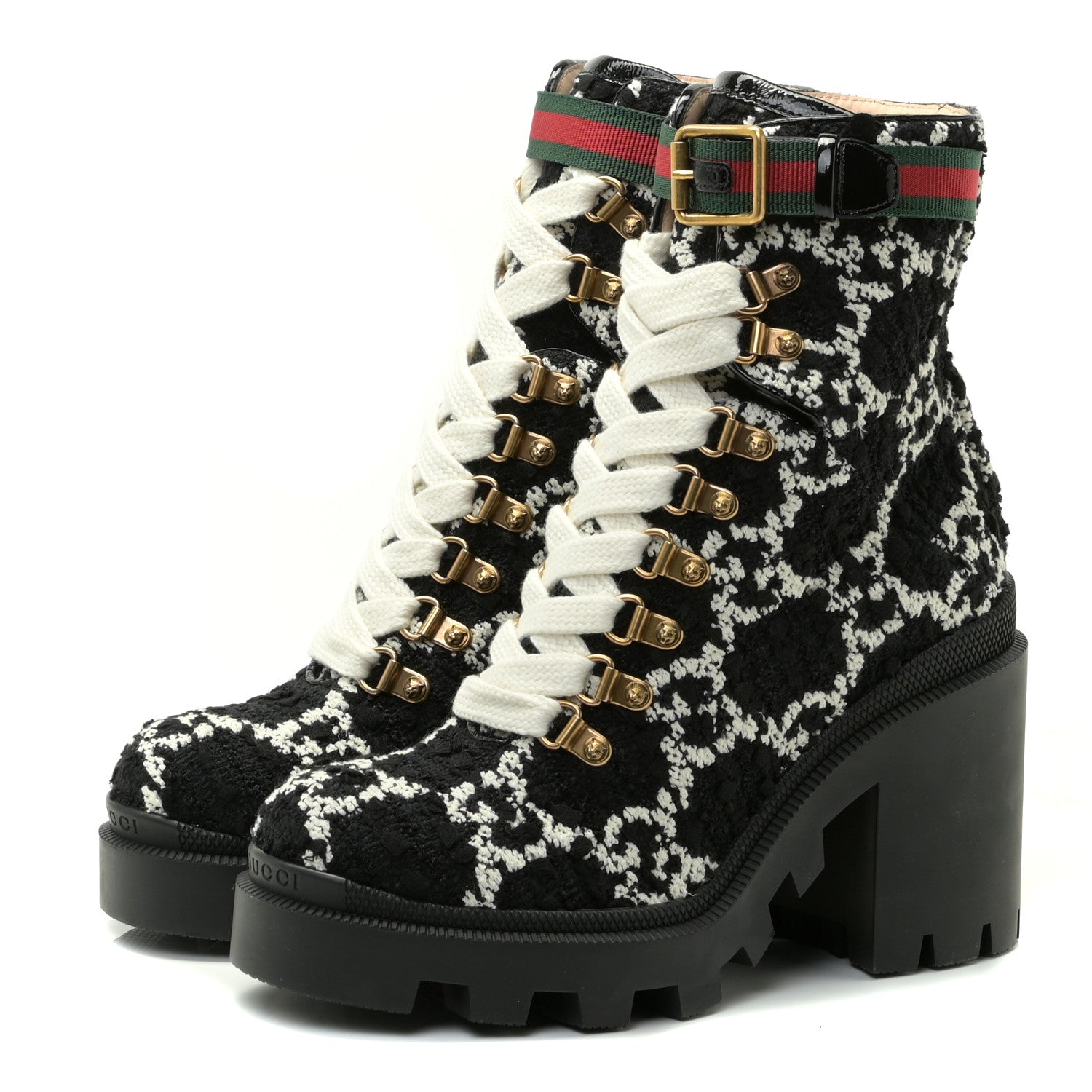 Gucci Tweed GG Monogram Lace Up Combat Ankle Boots 36 Black 2 of 6