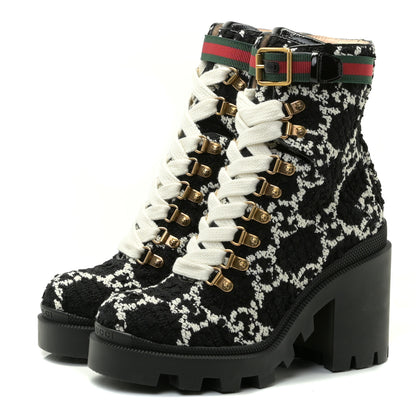 Gucci Tweed GG Monogram Lace Up Combat Ankle Boots 36 Black 2 of 6