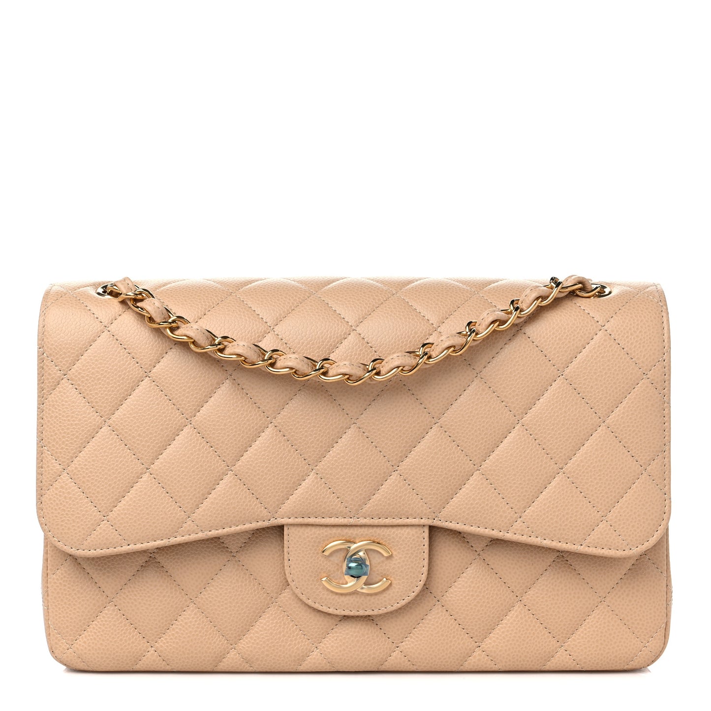 Caviar Quilted Jumbo Double Flap Beige