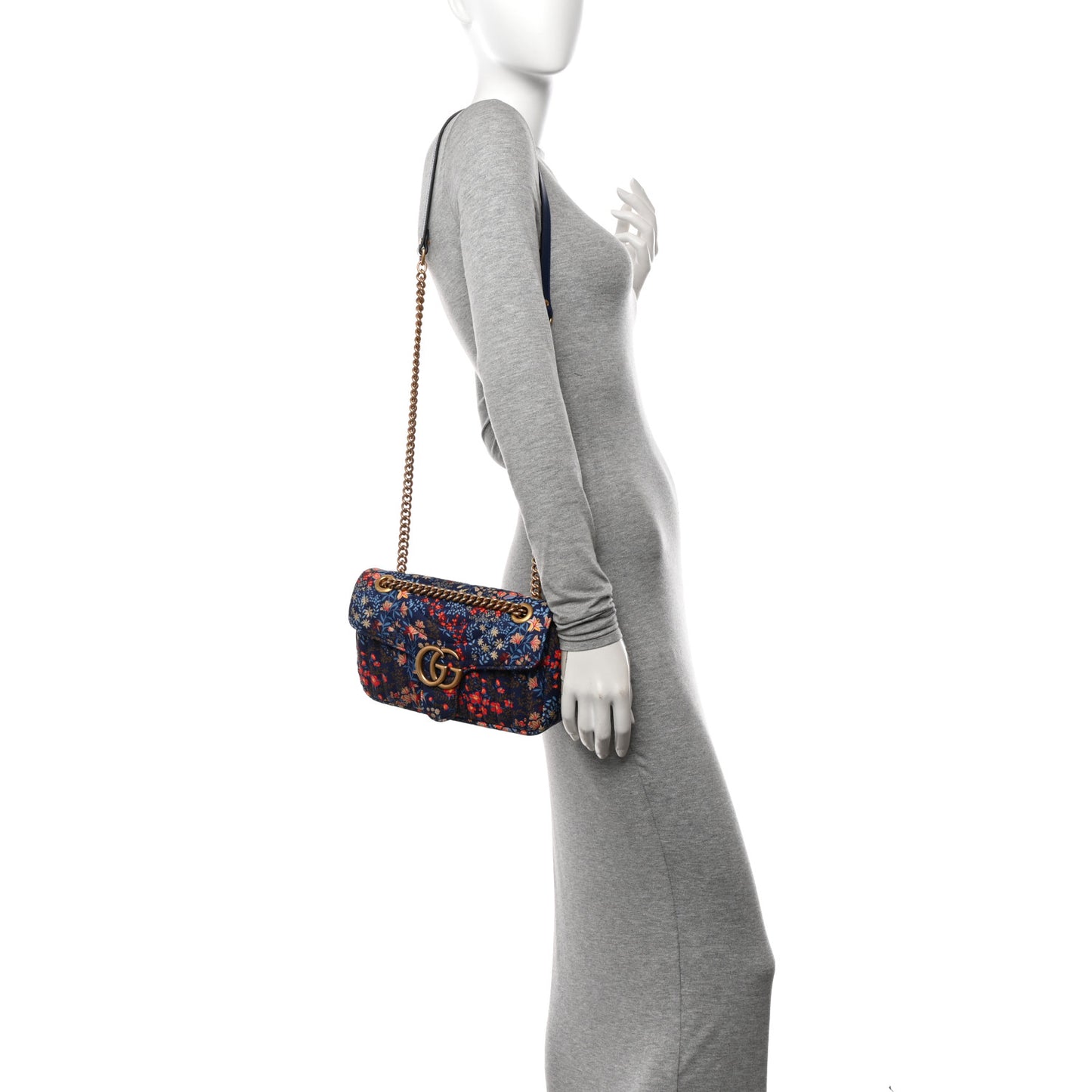 Cotton Calfskin Matelasse Floral Print Small GG Marmont Shoulder Bag Blue Red Deep Ocean Blue