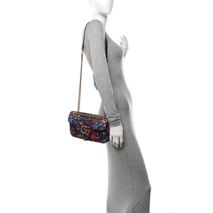 Gucci Cotton Calfskin Matelasse Floral Print Small GG Marmont Shoulder Bag Blue Red Deep Ocean Blue 2 of 11