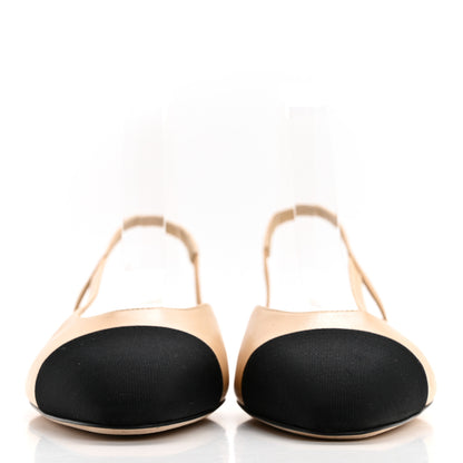 Chanel Goatskin Grosgrain Cap Toe CC Slingback Flats 41 Beige Black 1 of 7