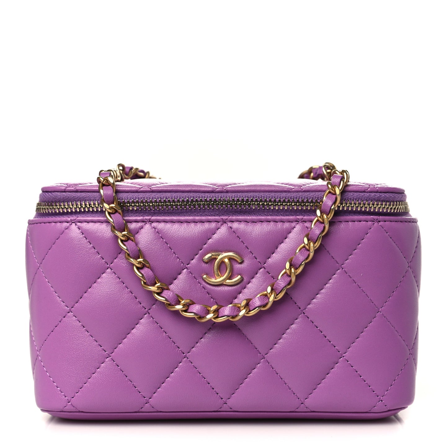 Lambskin Quilted Pearl Crush Small Vanity Case With Chain Purple