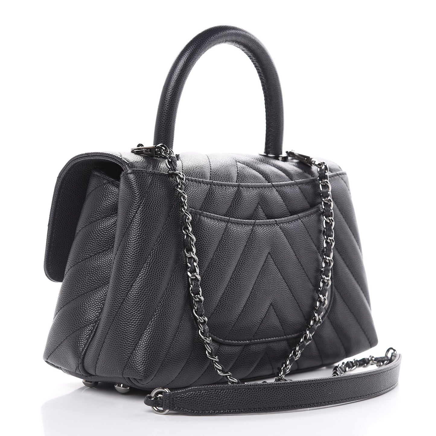 Caviar Chevron Quilted Mini Coco Handle Flap Dark Grey