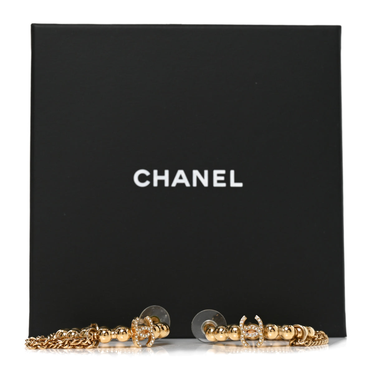 Metal Crystal Bead Chain CC Hoop Earrings Gold