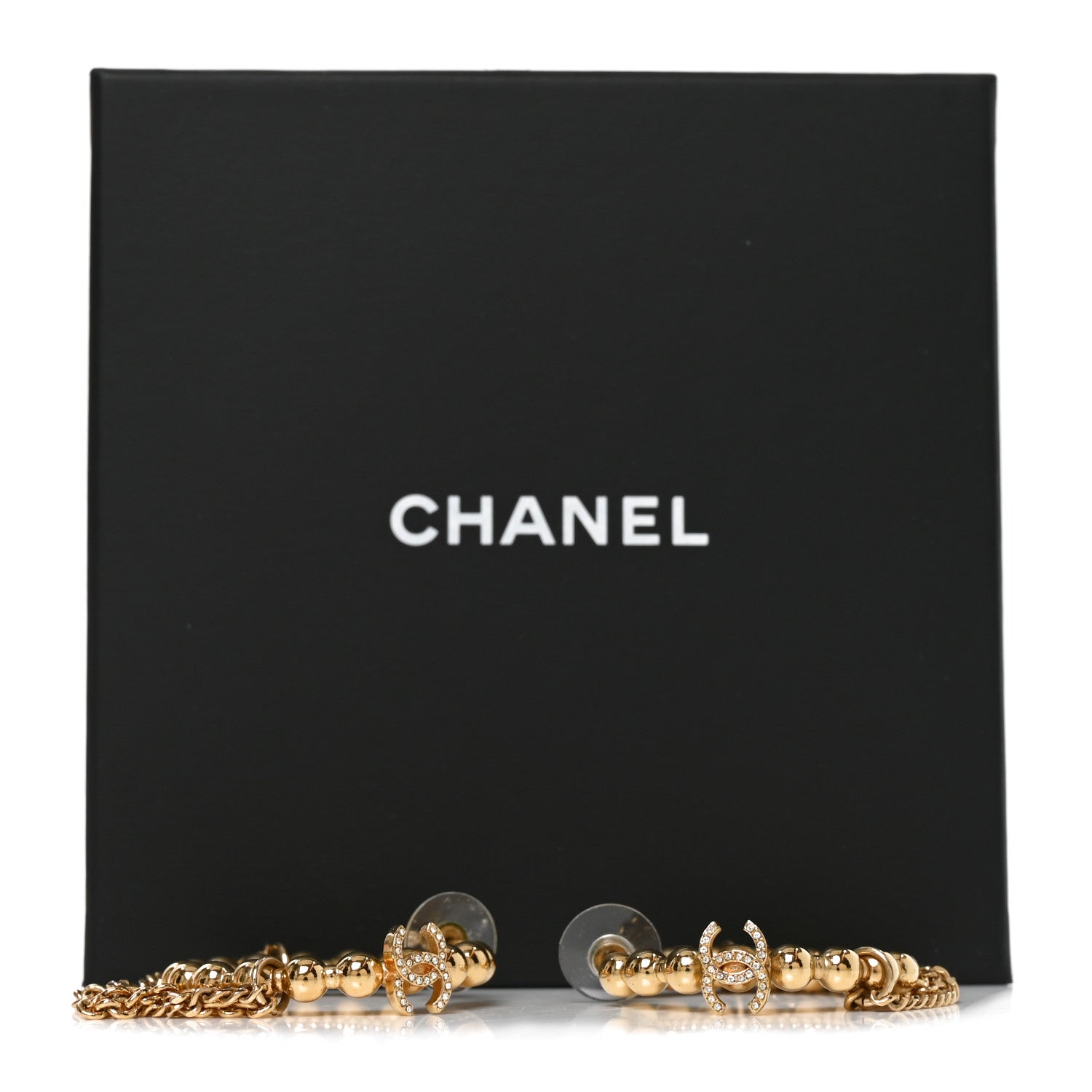 Chanel Metal Crystal Bead Chain CC Hoop Earrings Gold 5 of 5