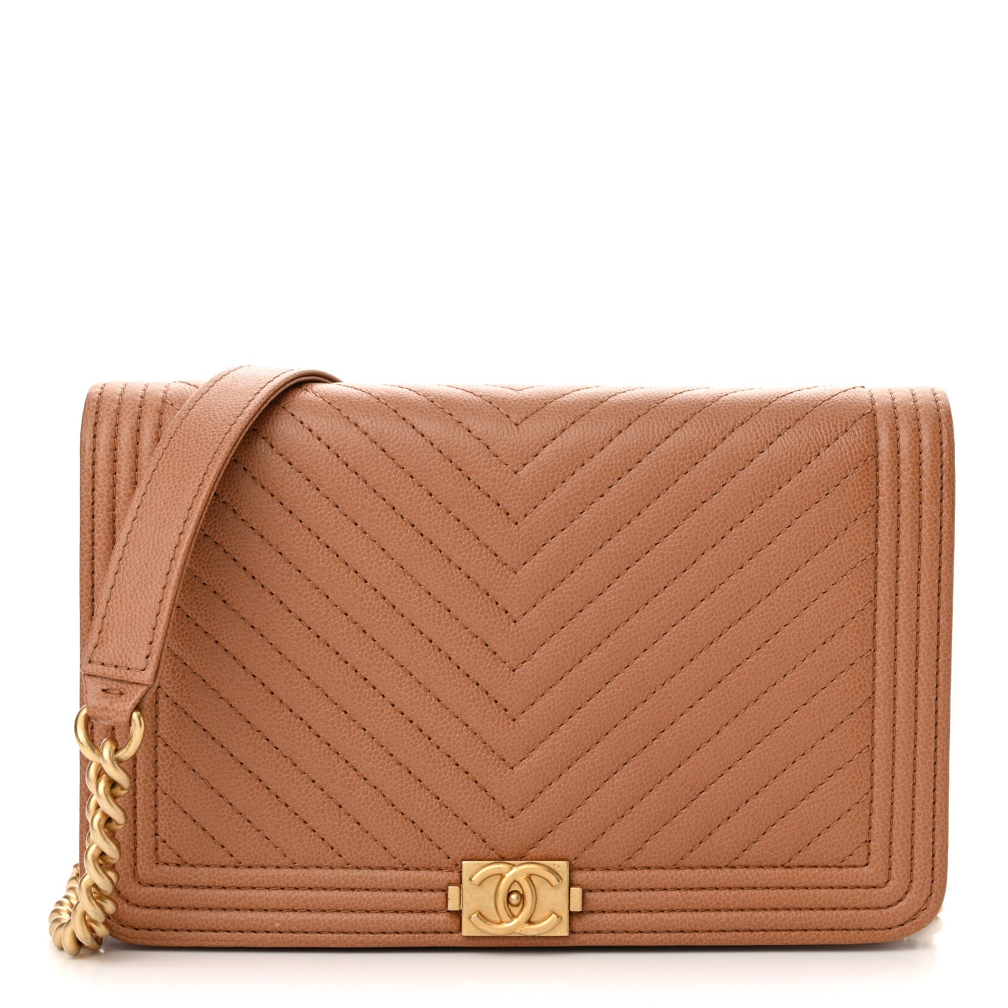 Caviar Chevron Quilted Boy Wallet On Chain WOC Dark Beige