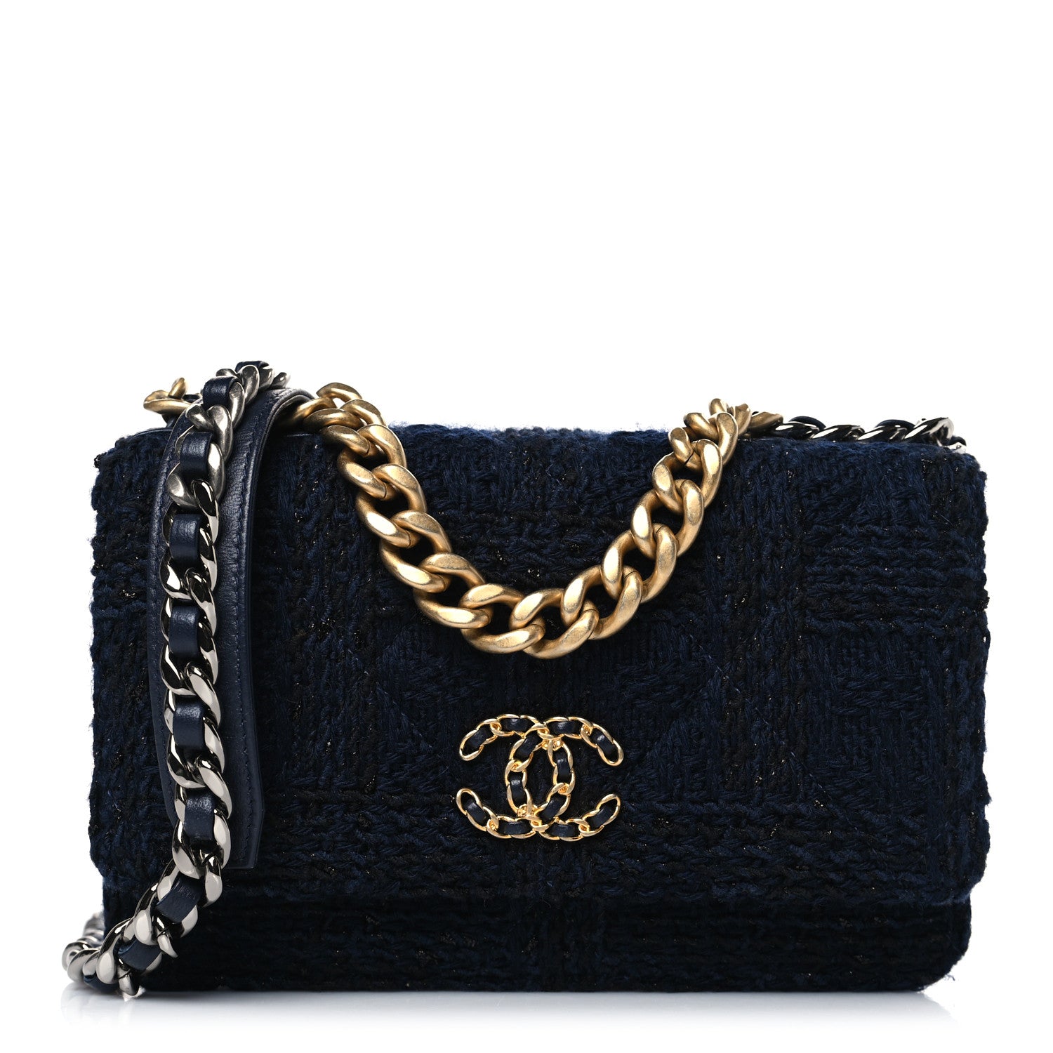 Chanel Wool Tweed Lambskin Quilted Chanel 19 Wallet On Chain WOC Blue Black 1 of 9