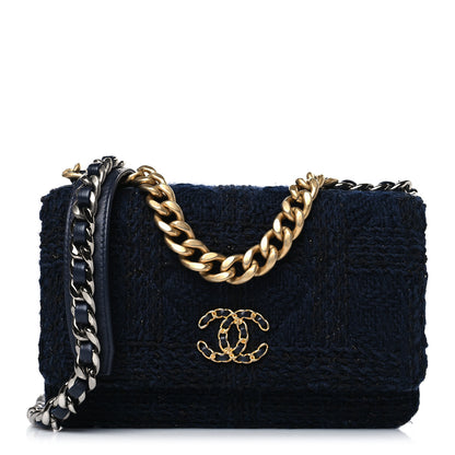 Chanel Wool Tweed Lambskin Quilted Chanel 19 Wallet On Chain WOC Blue Black 1 of 9