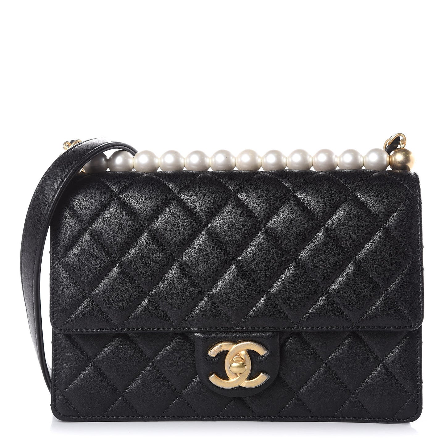 Lambskin Quilted Small Chic Pearls Flap Black