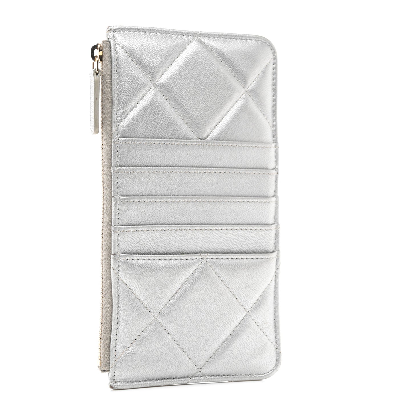 Metallic Goatskin Quilted Chanel 19 Flat Wallet Pouch Silver