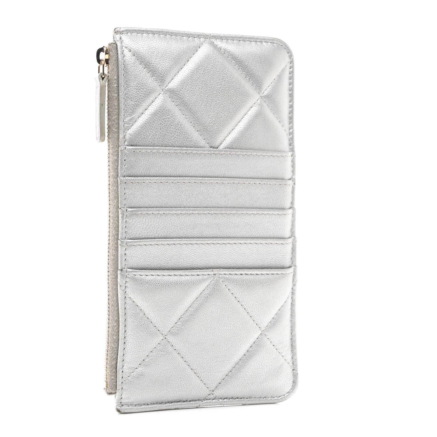 Chanel Metallic Goatskin Quilted Chanel 19 Flat Wallet Pouch Silver 3 of 8