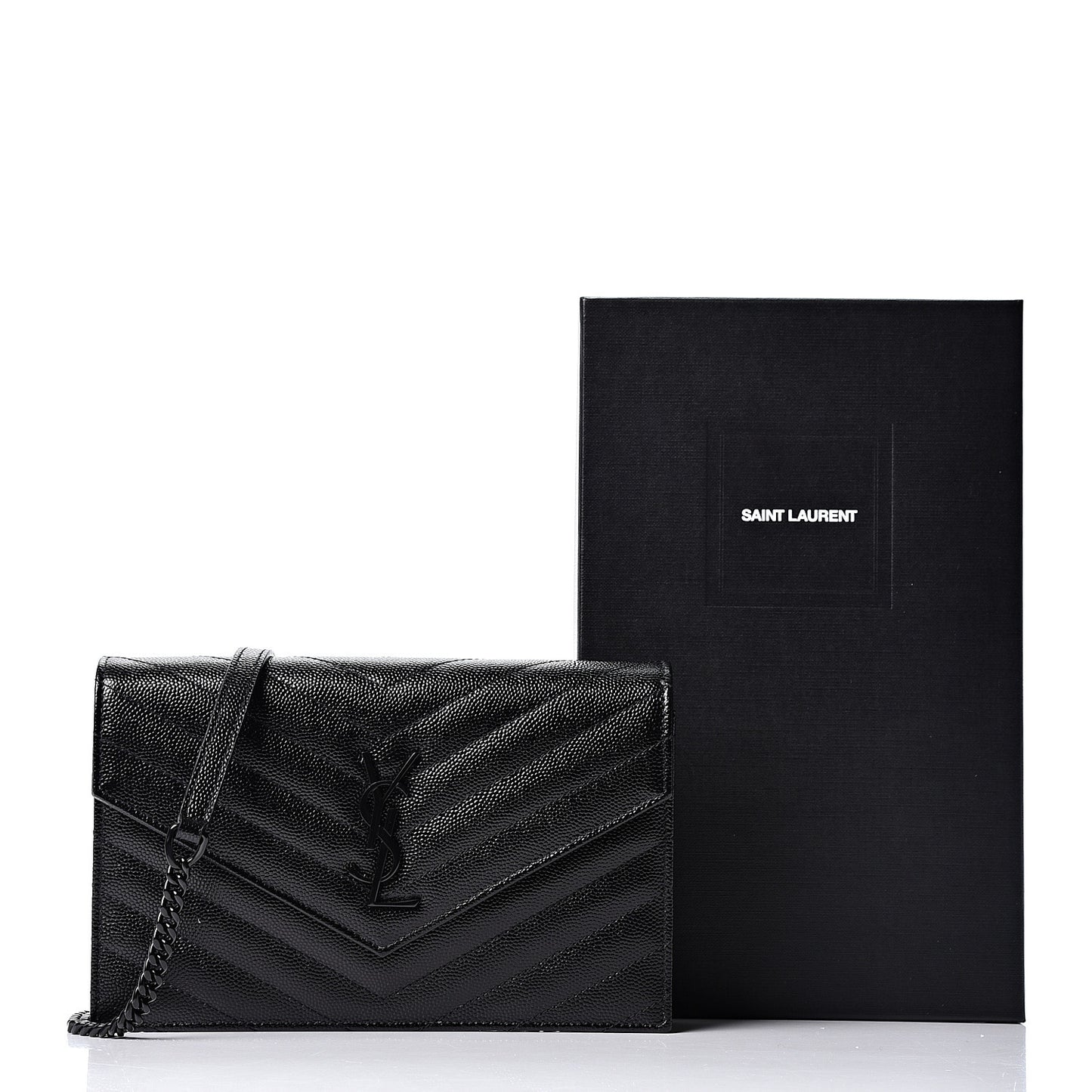 Grain De Poudre Matelasse Chevron Monogram Envelope Chain Wallet Black
