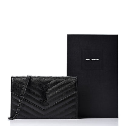 Saint Laurent Grain De Poudre Matelasse Chevron Monogram Envelope Chain Wallet Black 10 of 10