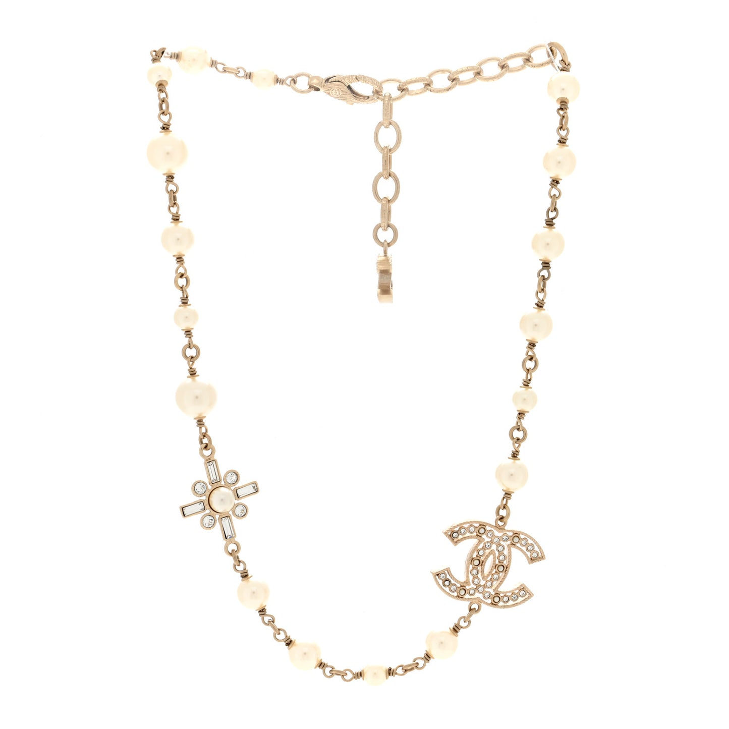 Crystal Baguette Pearl CC Cross Short Necklace Gold