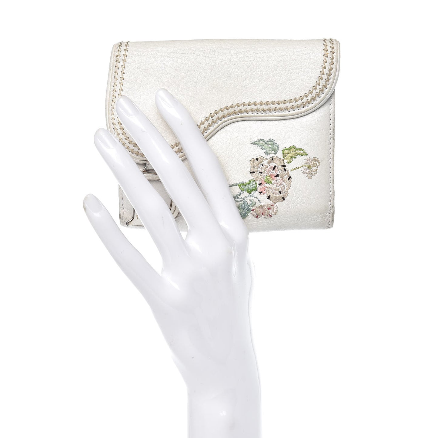 Calfskin Embroidered Romantic Flowers Saddle Compact Wallet White