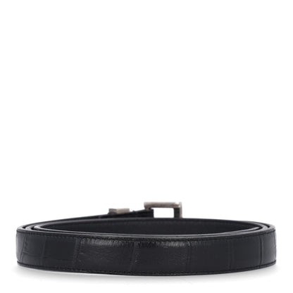 Saint Laurent Calfskin Crocodile Embossed Monogram Passant Buckle Belt 95 38 Black 3 of 10