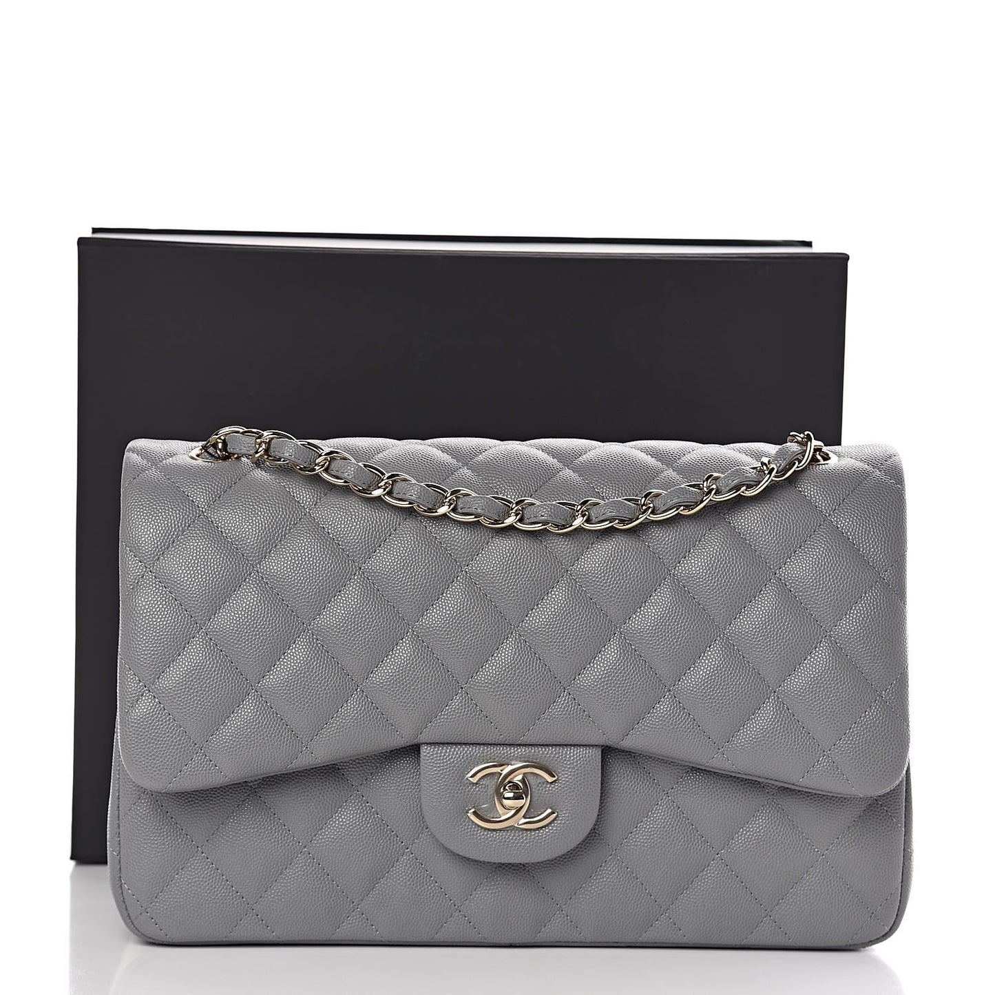 Caviar Quilted Jumbo Double Flap Grey