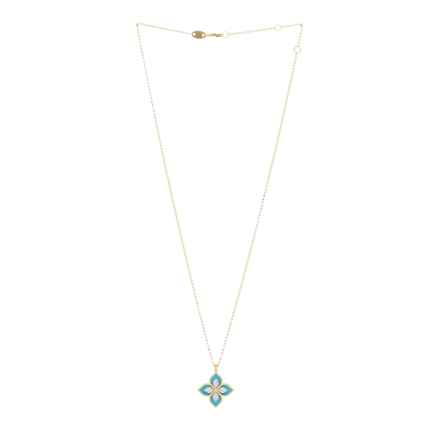 18K Yellow White Gold Diamond Turquoise Venetian Princess Pendant Necklace