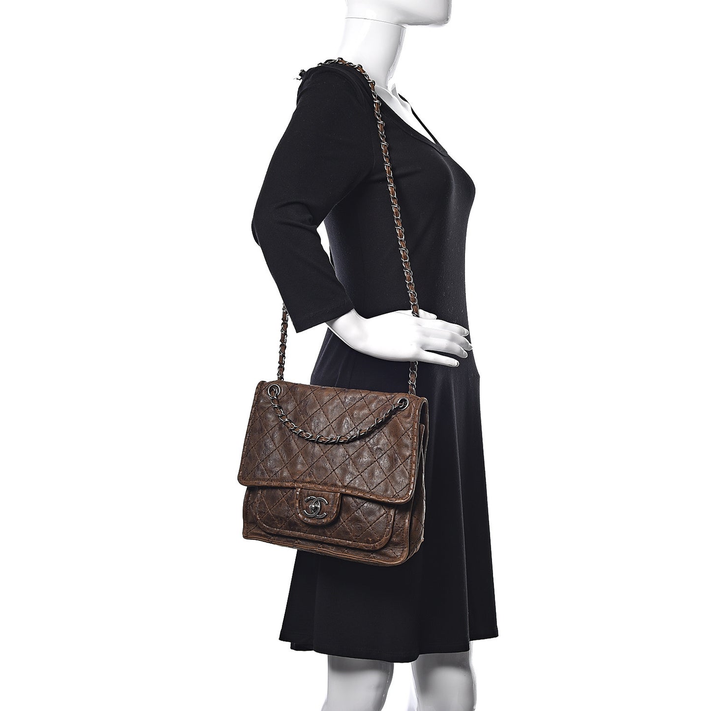 Aged Crumpled Calfskin Small Vintage Flap Brown