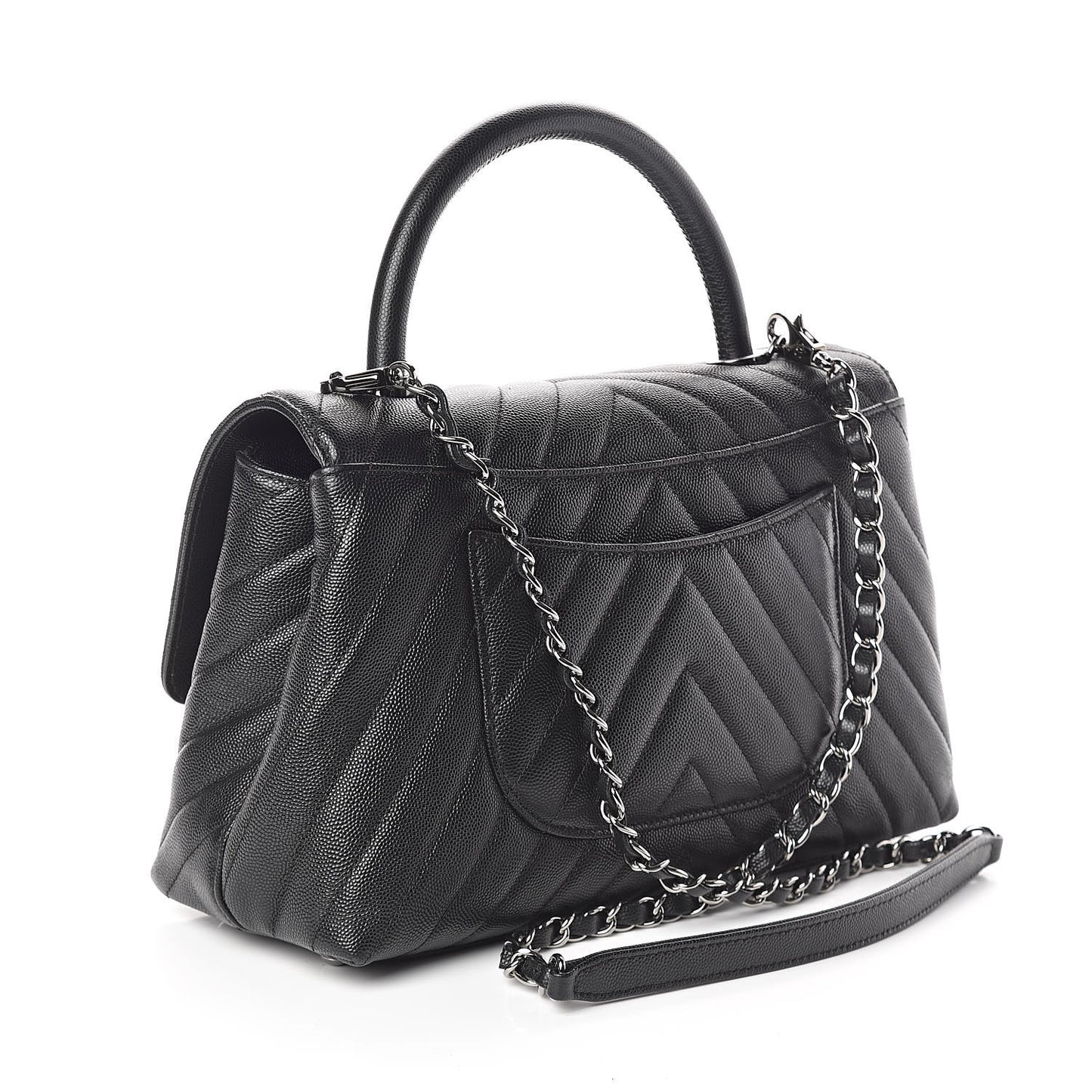 Caviar Chevron Quilted Small Coco Handle Flap Black