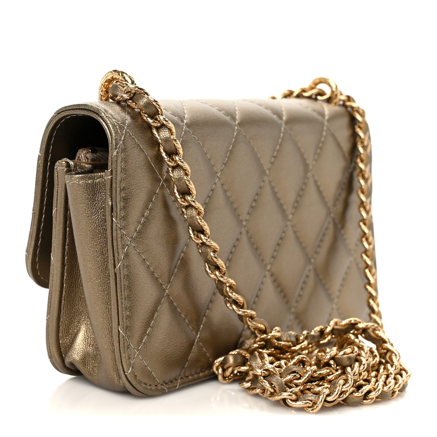 Chanel Metallic Lambskin Quilted Dynasty Flap Phone Holder With Chain Gold 3 of 11