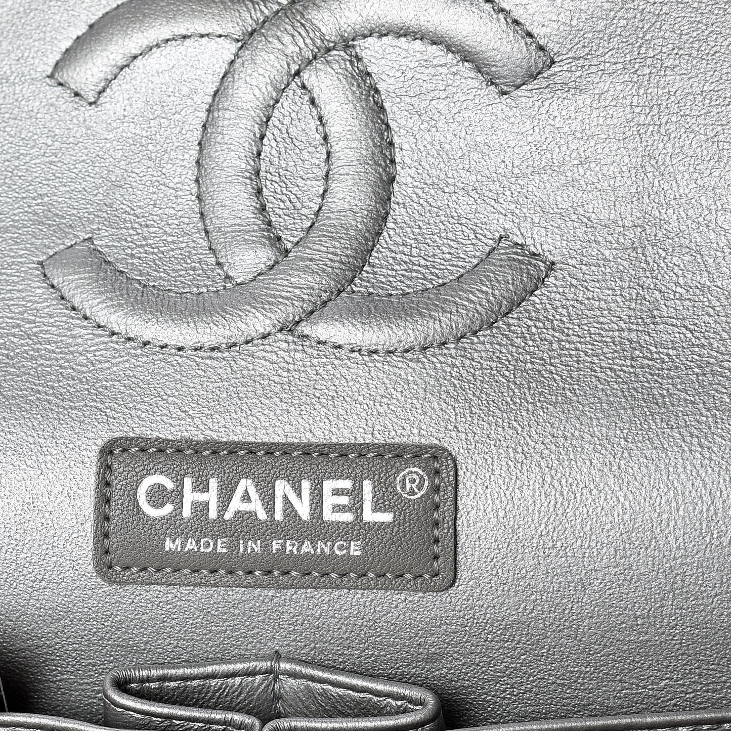 Metallic Caviar Chevron Quilted Medium Double Flap Silver