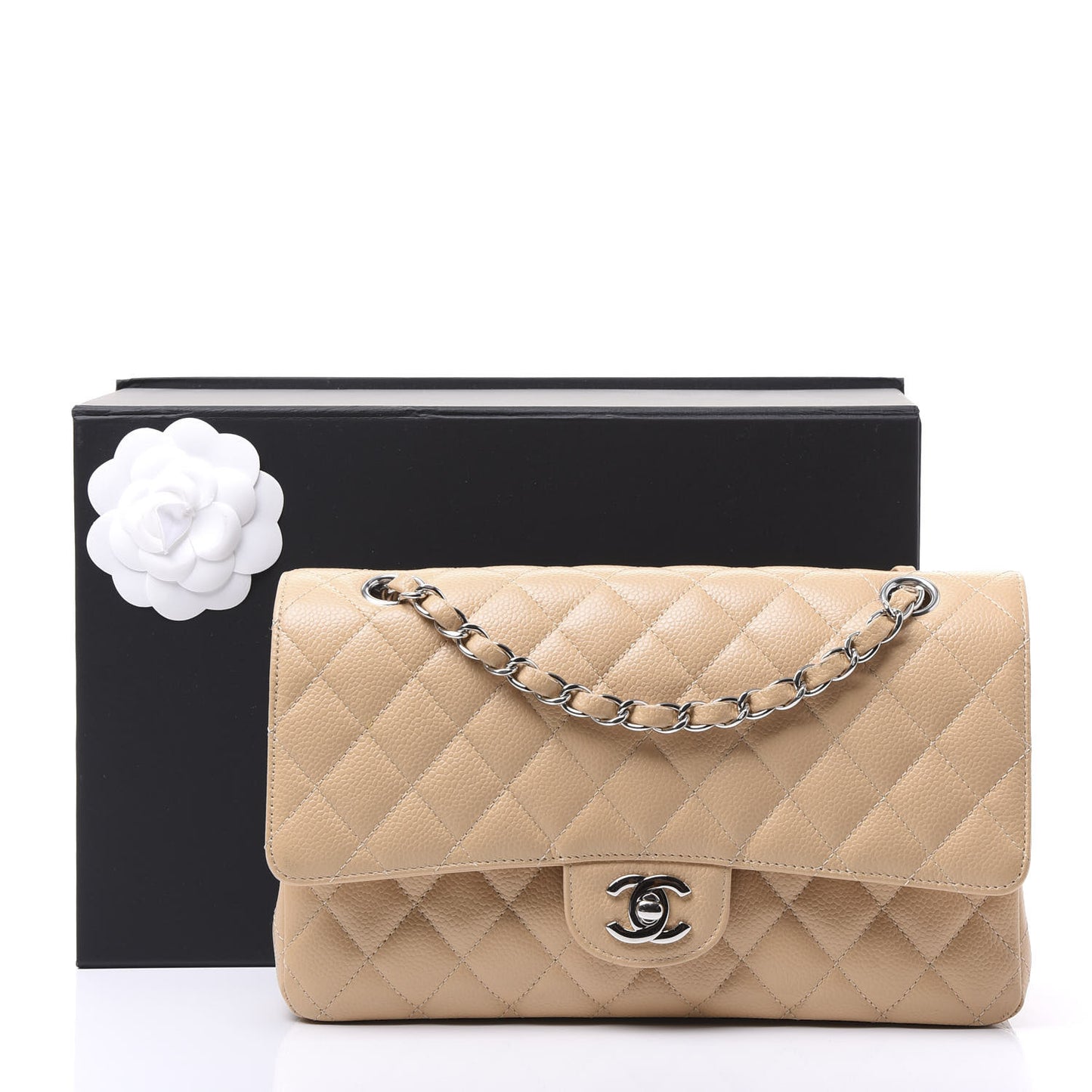 Caviar Quilted Medium Double Flap Beige Clair